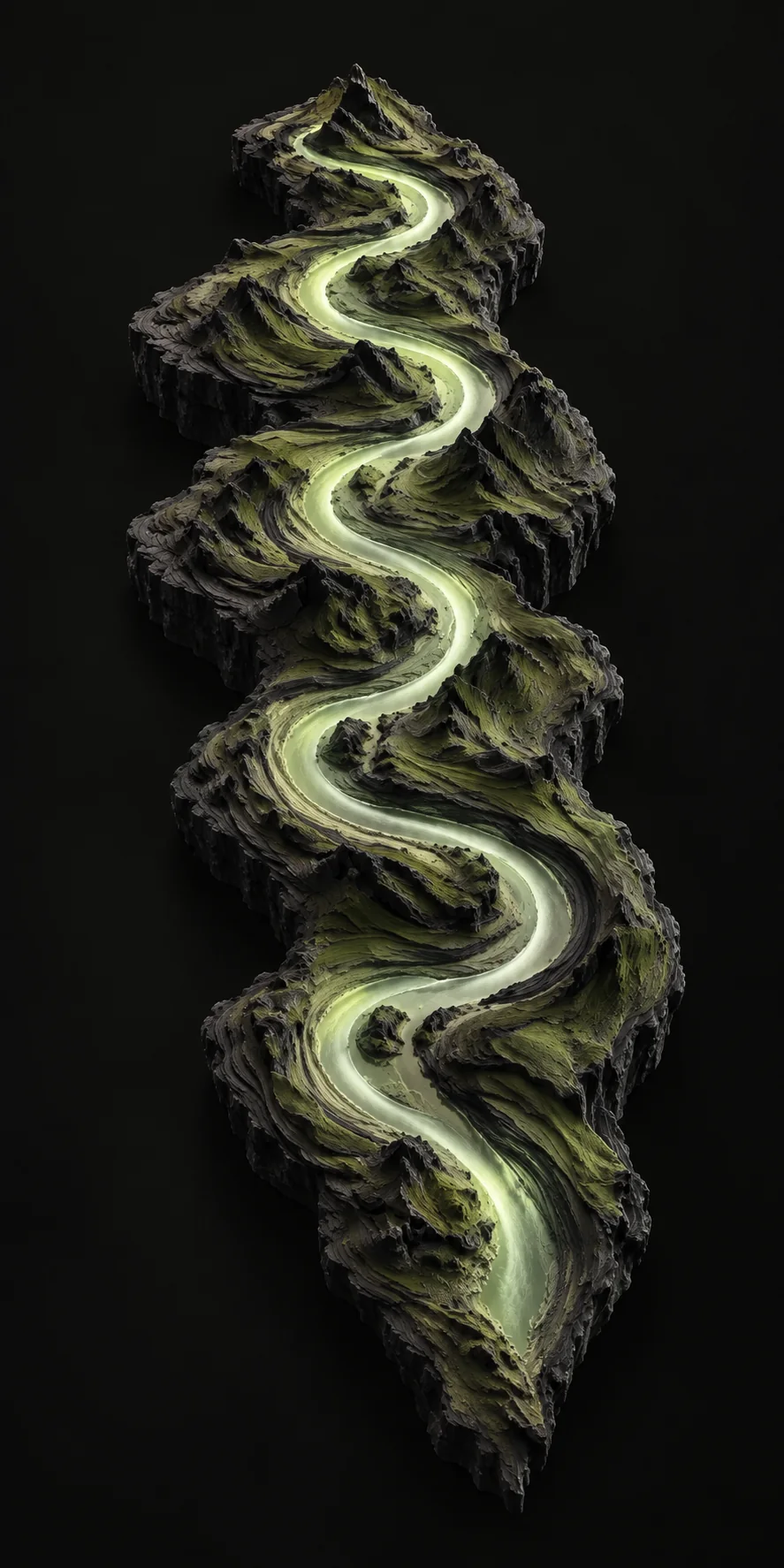 A pale river winds down a long sculpted brushstroke of charcoal and olive paint.